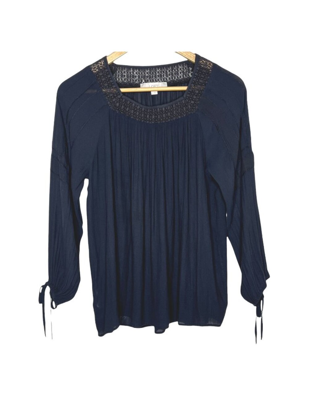 LOFT Navy Peasant Blouse Womens Small Boho Long Sleeve Shirred Cottagecore